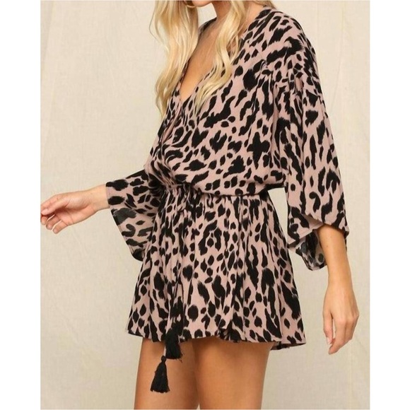 KYE MI Animal Print Romper Boho Flowy Black Olive Size L NWT - Picture 2 of 6